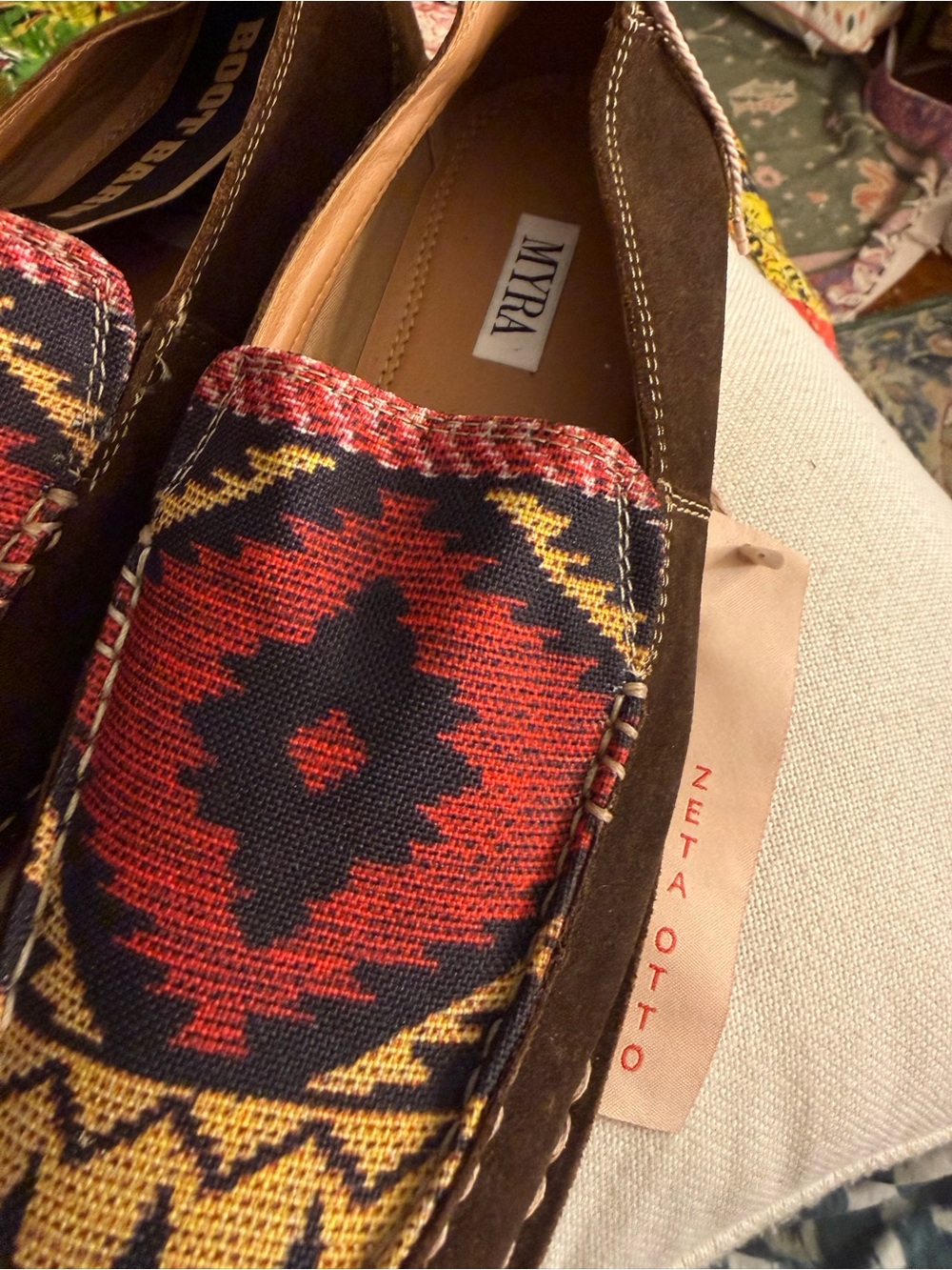 Myra Bag Brown Moccasin Loafers with Red & Yellow Aztec Fabric - Picture 2 of 9
